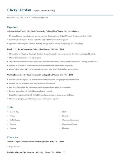 Adjunct Online Faculty Resume