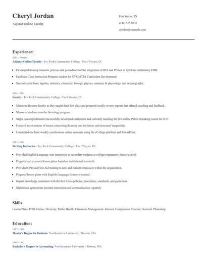 Adjunct Online Faculty Resume