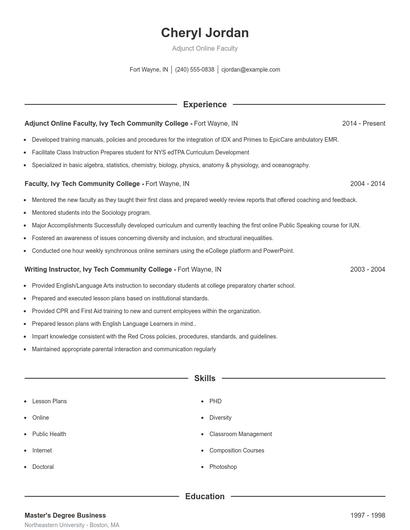 Adjunct Online Faculty Resume