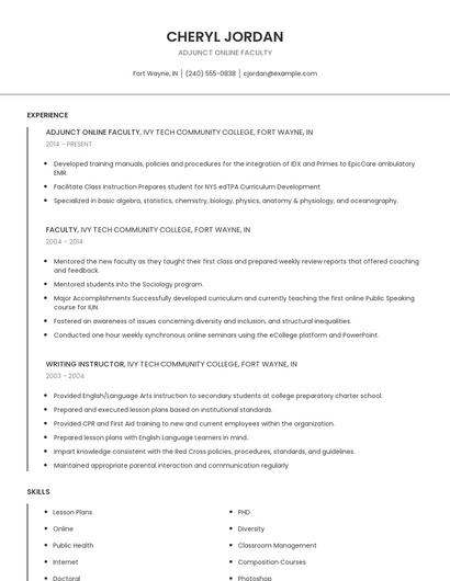 Adjunct Online Faculty Resume