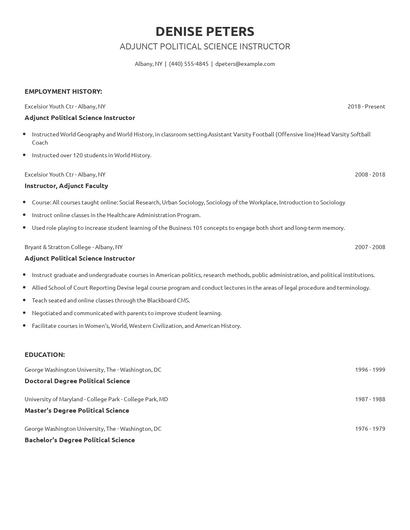 Adjunct Political Science Instructor Resume