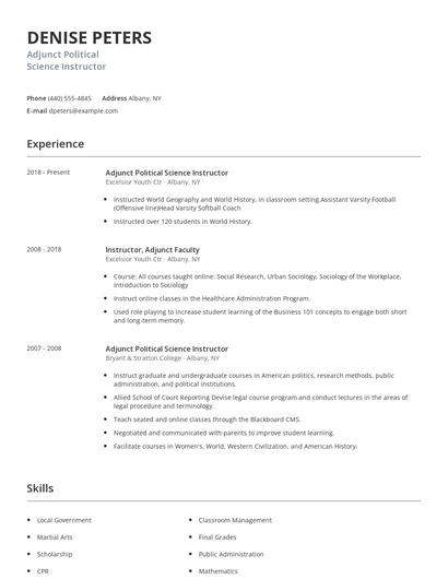 Adjunct Political Science Instructor Resume