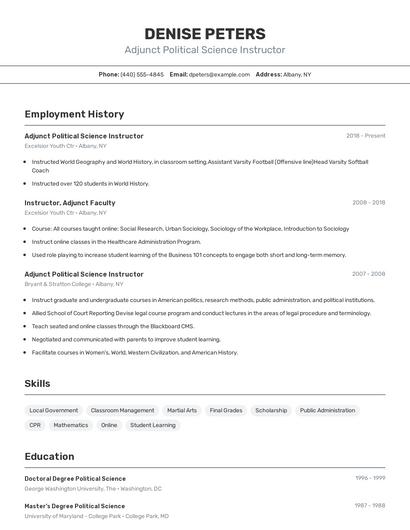 Adjunct Political Science Instructor Resume