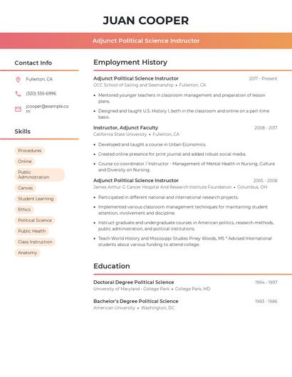 Adjunct Political Science Instructor Resume