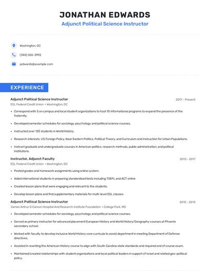 Adjunct Political Science Instructor Resume