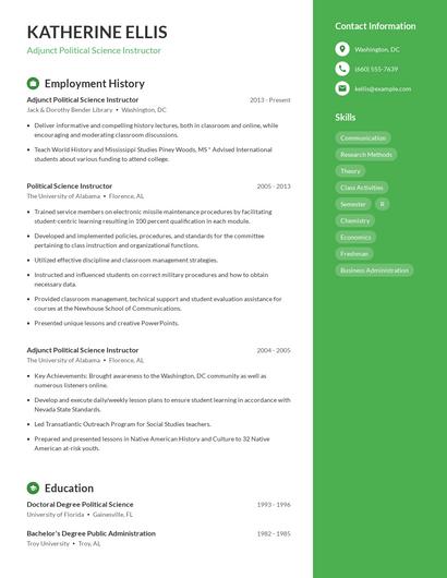 Adjunct Political Science Instructor Resume