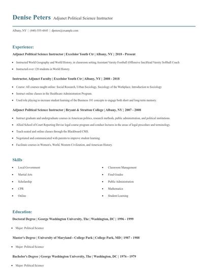 Adjunct Political Science Instructor Resume