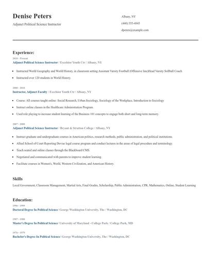 Adjunct Political Science Instructor Resume