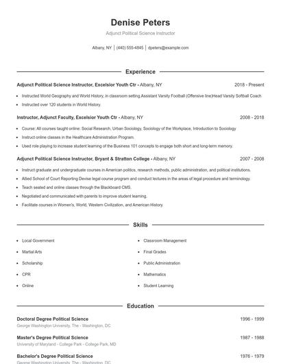 Adjunct Political Science Instructor Resume