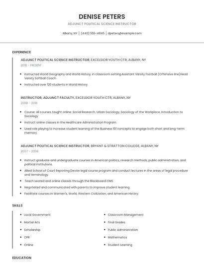 Adjunct Political Science Instructor Resume