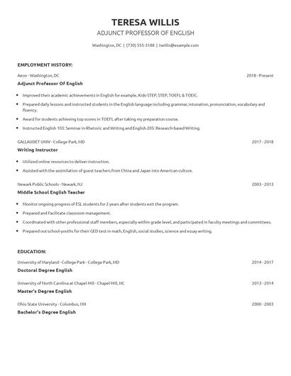 Adjunct Professor Of English Resume