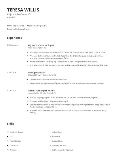 Adjunct Professor Of English Resume