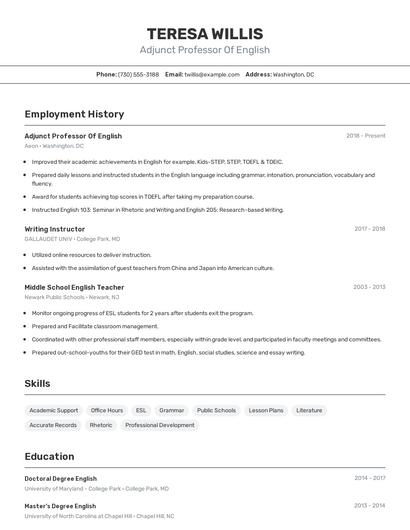 Adjunct Professor Of English Resume