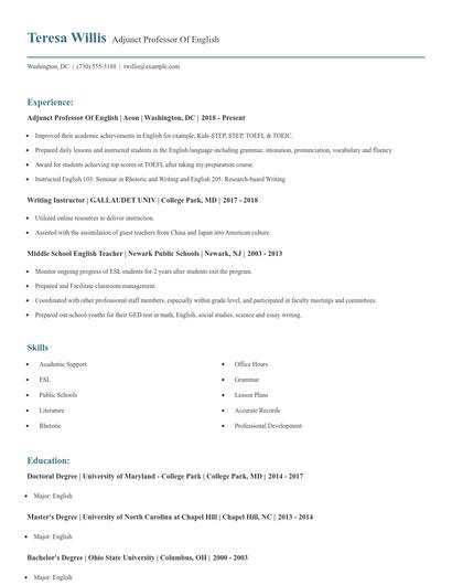 Adjunct Professor Of English Resume