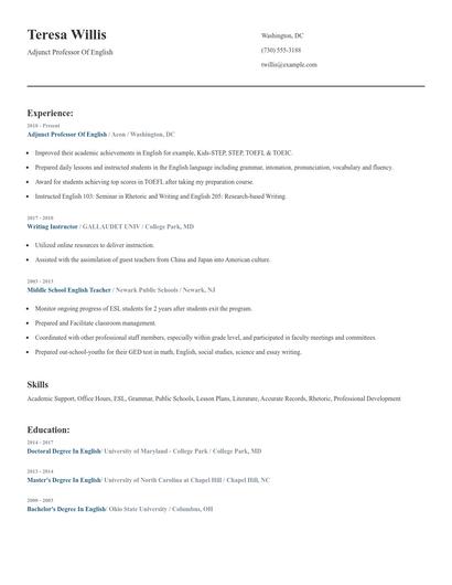 Adjunct Professor Of English Resume