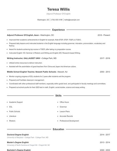 Adjunct Professor Of English Resume
