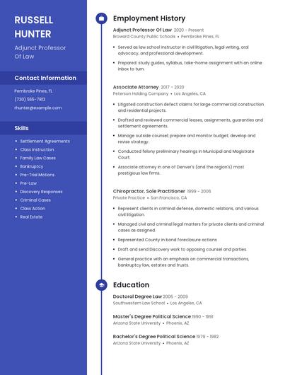 Adjunct Professor Of Law Resume