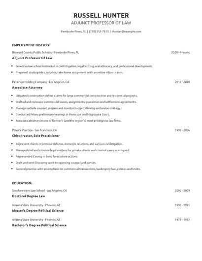 Adjunct Professor Of Law Resume