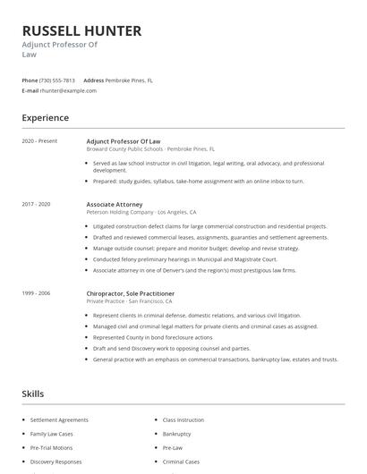 Adjunct Professor Of Law Resume