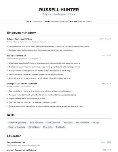 Adjunct Professor Of Law Resume