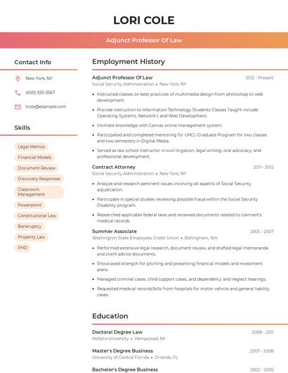 Adjunct Professor Of Law Resume