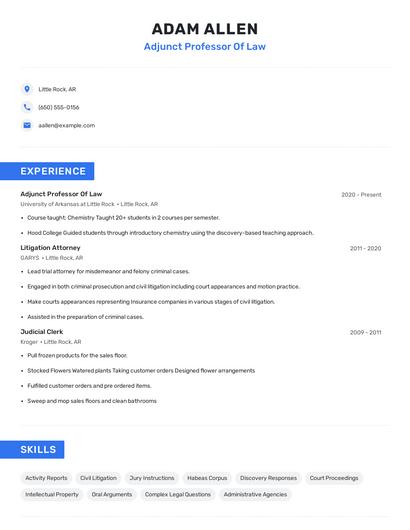 Adjunct Professor Of Law Resume
