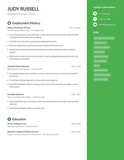 Adjunct Professor Of Law Resume