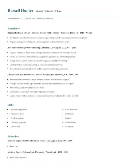 Adjunct Professor Of Law Resume
