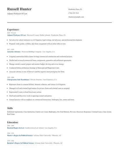 Adjunct Professor Of Law Resume