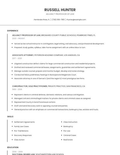 Adjunct Professor Of Law Resume