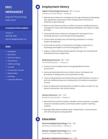 Adjunct Psychology Instructor Resume