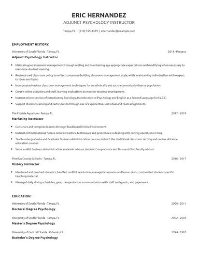 Adjunct Psychology Instructor Resume