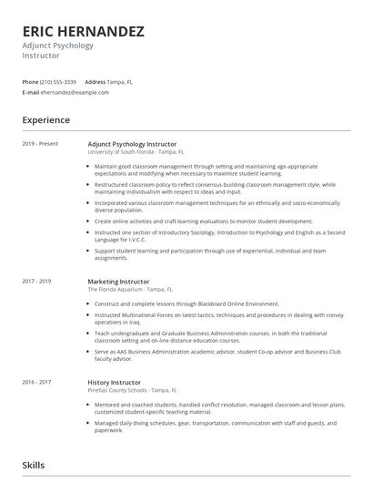Adjunct Psychology Instructor Resume
