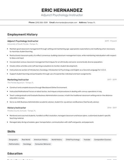 Adjunct Psychology Instructor Resume