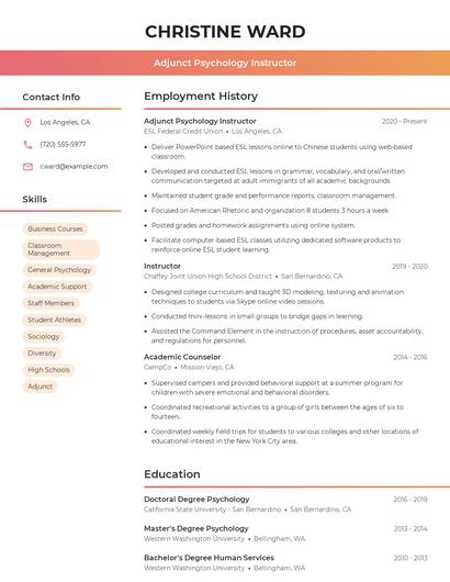 Adjunct Psychology Instructor Resume