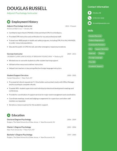 Adjunct Psychology Instructor Resume