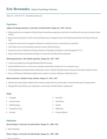 Adjunct Psychology Instructor Resume