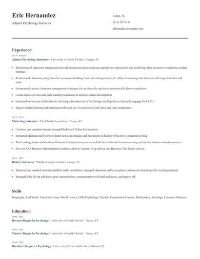 Adjunct Psychology Instructor Resume