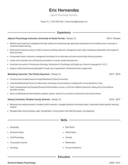Adjunct Psychology Instructor Resume