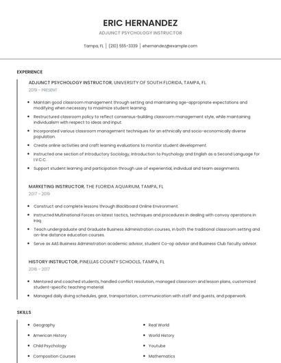 Adjunct Psychology Instructor Resume