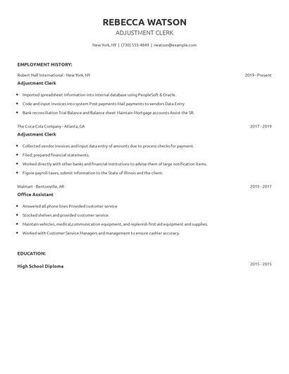 Adjustment Clerk Resume