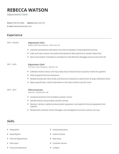 Adjustment Clerk Resume