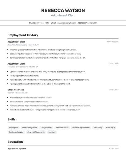 Adjustment Clerk Resume