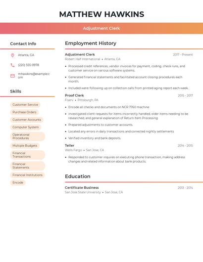 Adjustment Clerk Resume