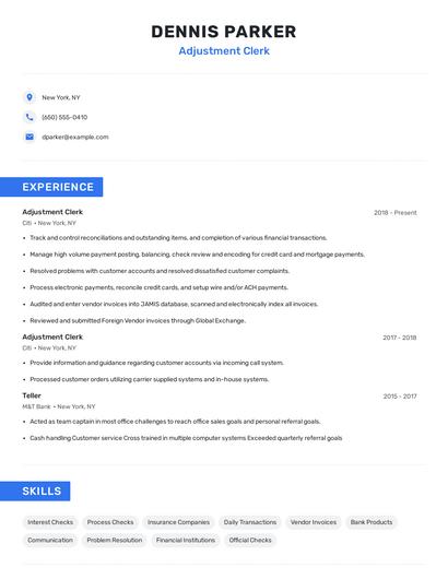 Adjustment Clerk Resume