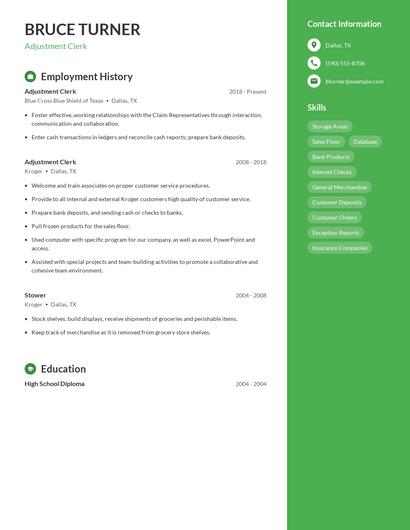 Adjustment Clerk Resume