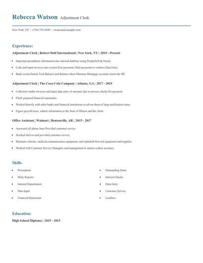 Adjustment Clerk Resume