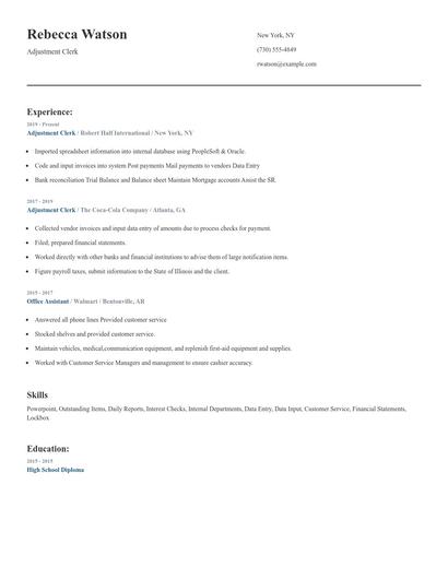 Adjustment Clerk Resume