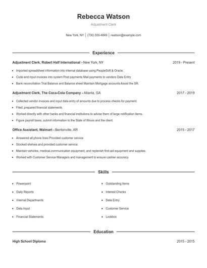 Adjustment Clerk Resume