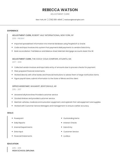 Adjustment Clerk Resume